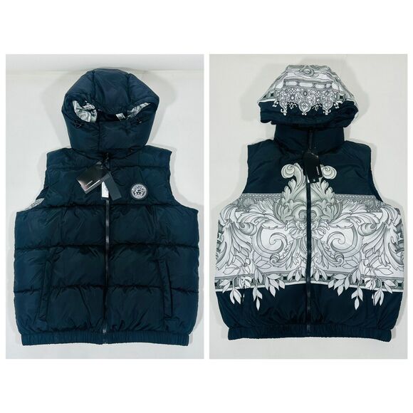 Versace Medusa Barocco Silver Black Reversible Down Puffer Vest L/50 NWT $1750 - Picture 1 of 13
